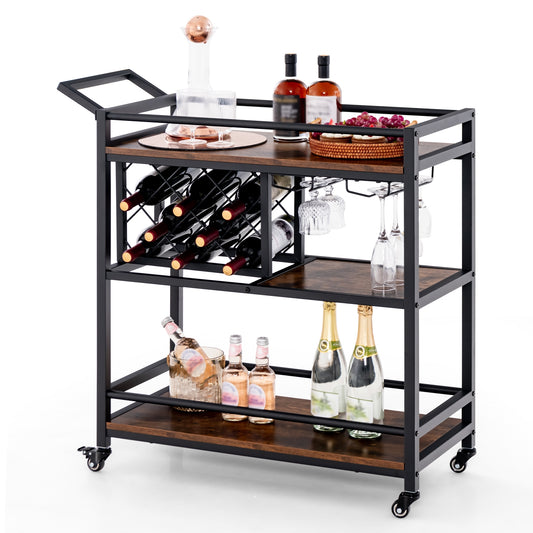 3 Tier Rolling Bar Cart with Wine Rack and Glass Holder for Kitchen and Home Serving - Rustic Brown