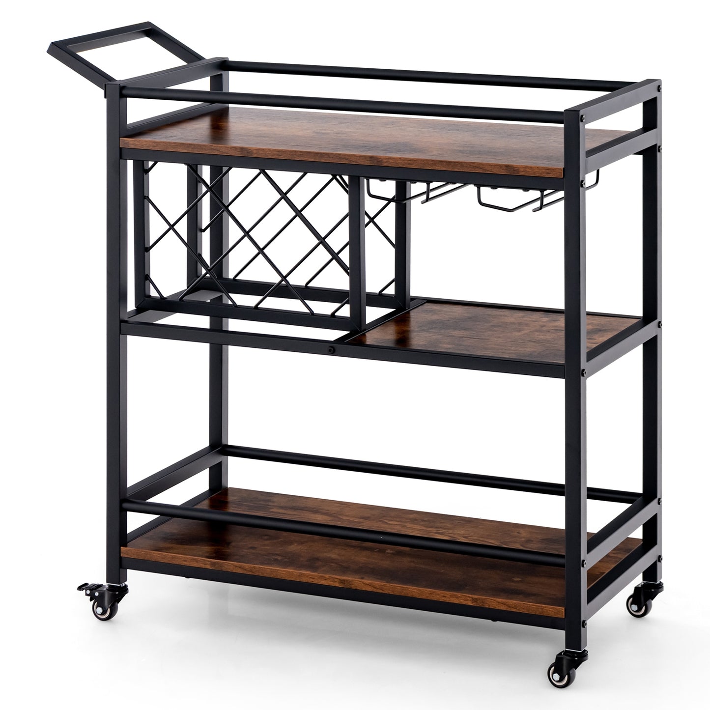 3 Tier Rolling Bar Cart with Wine Rack and Glass Holder for Kitchen and Home Serving - Rustic Brown