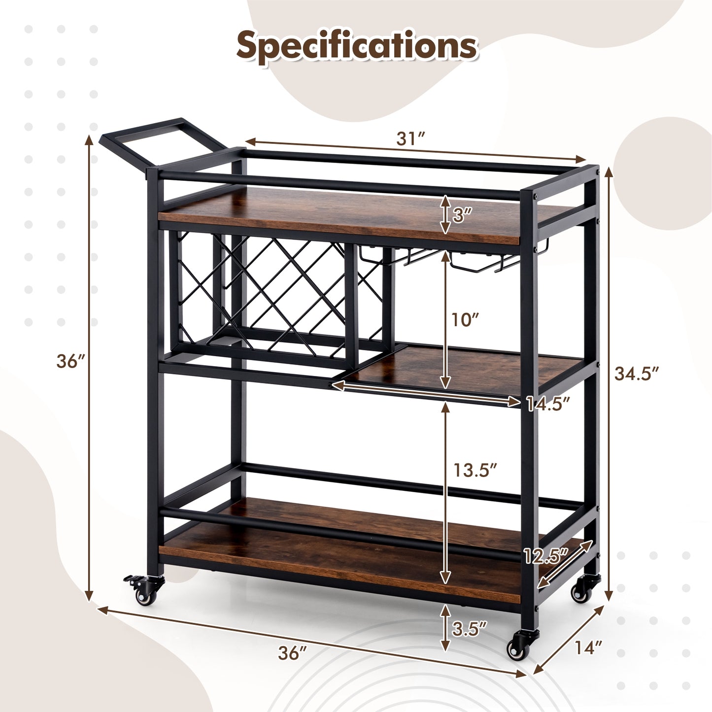 3 Tier Rolling Bar Cart with Wine Rack and Glass Holder for Kitchen and Home Serving - Rustic Brown