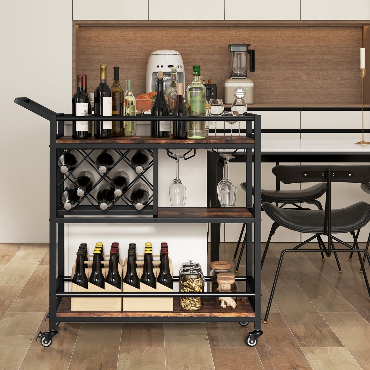 3 Tier Rolling Bar Cart with Wine Rack and Glass Holder for Kitchen and Home Serving - Rustic Brown