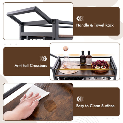 3 Tier Rolling Bar Cart with Wine Rack and Glass Holder for Kitchen and Home Serving - Rustic Brown