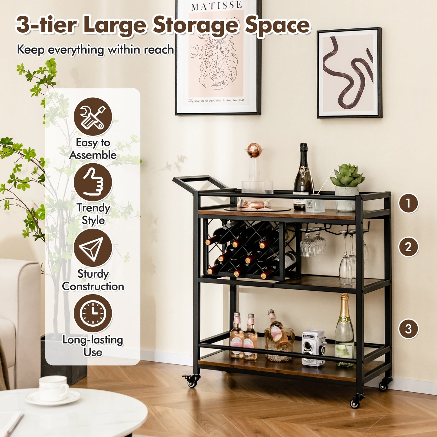 3 Tier Rolling Bar Cart with Wine Rack and Glass Holder for Kitchen and Home Serving - Rustic Brown