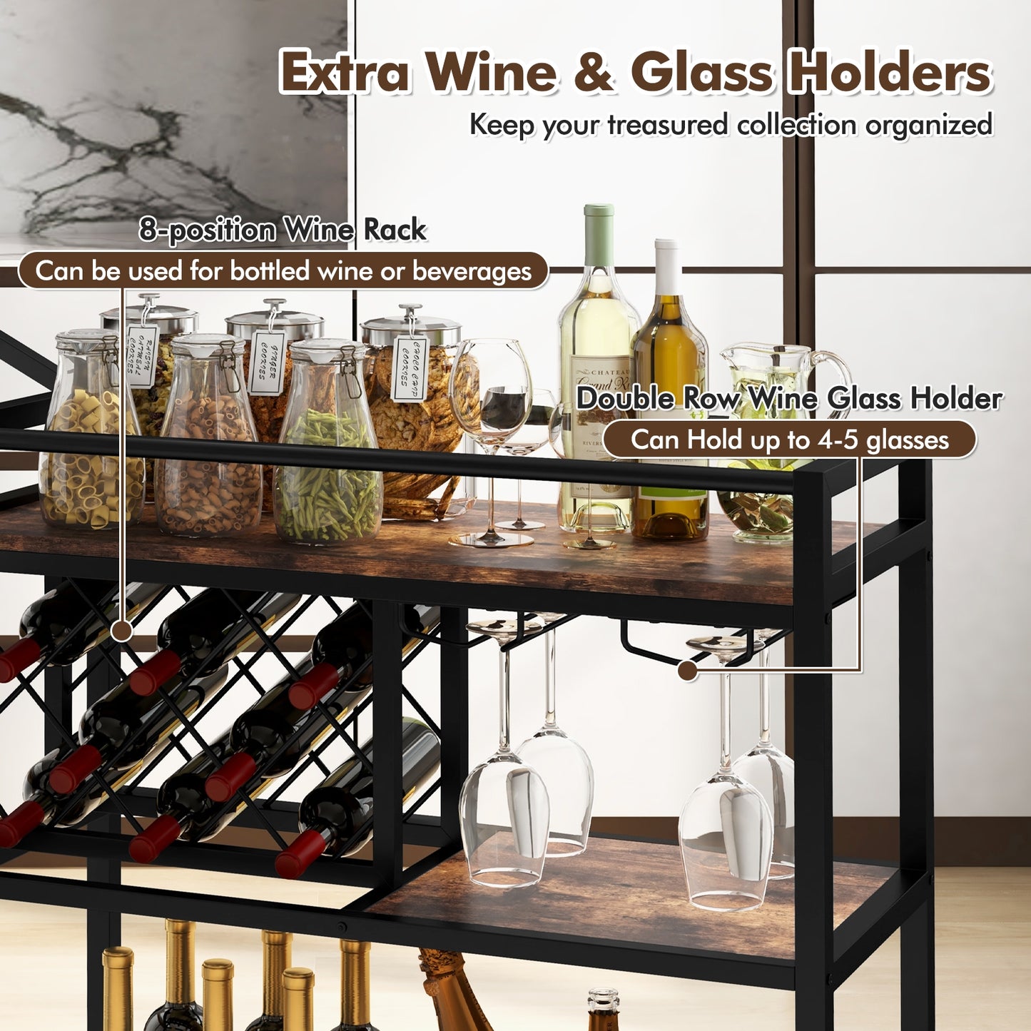3 Tier Rolling Bar Cart with Wine Rack and Glass Holder for Kitchen and Home Serving - Rustic Brown