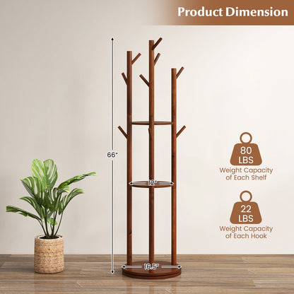 360 Degree Freestanding Wood Coat Rack with Shelves and Hooks