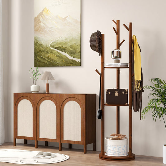 360 Degree Freestanding Wood Coat Rack with Shelves and Hooks