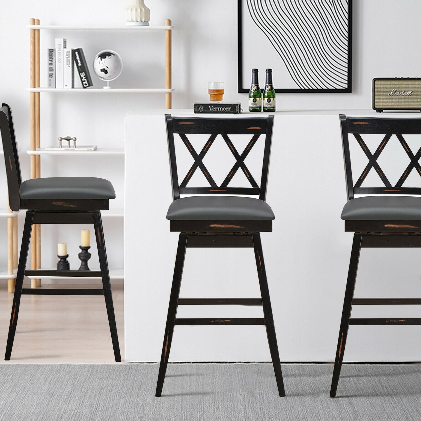 Counter Height Bar Stools Set of 2 with 29 Inch Swivel Seat and Black Rubber Wood Frame