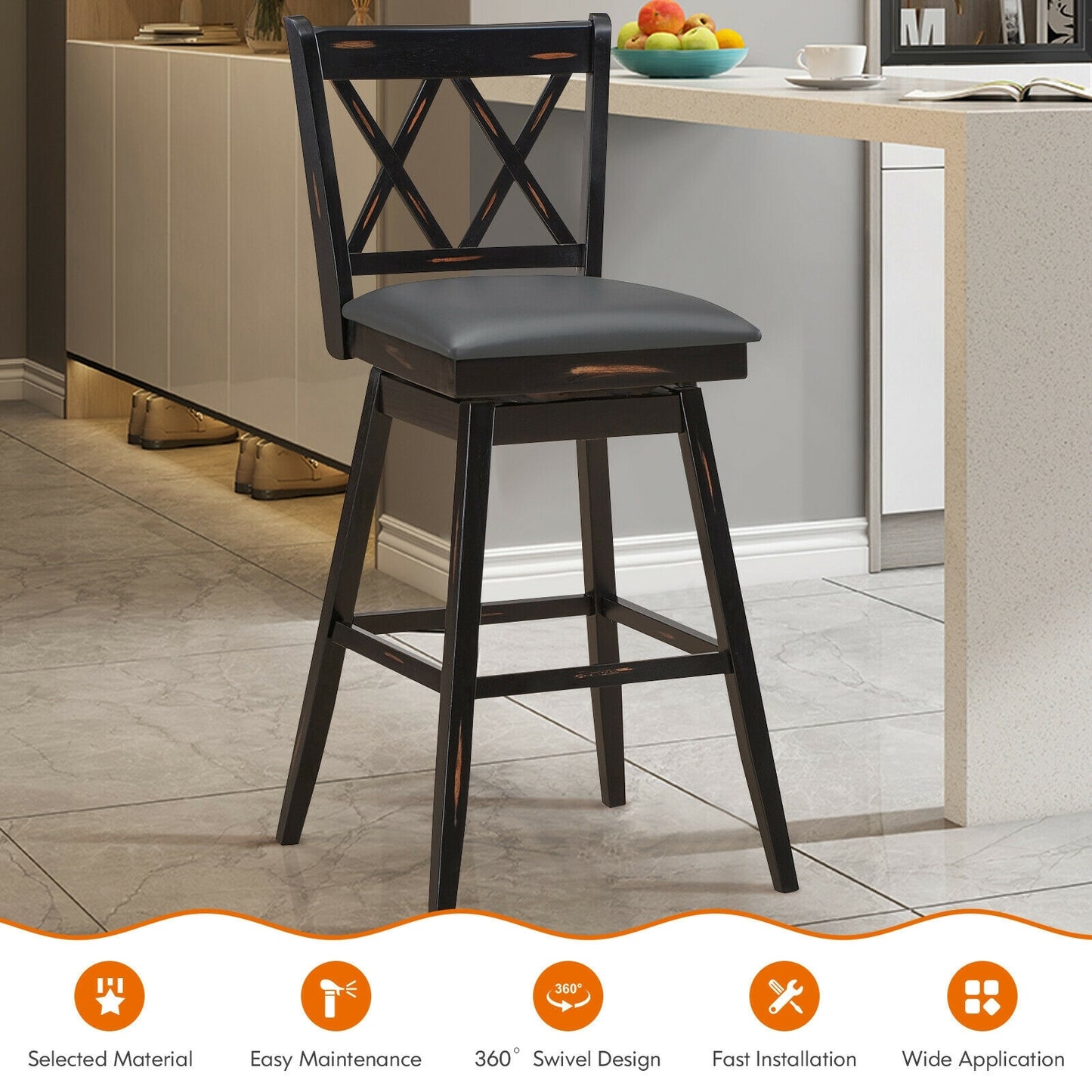 Counter Height Bar Stools Set of 2 with 29 Inch Swivel Seat and Black Rubber Wood Frame