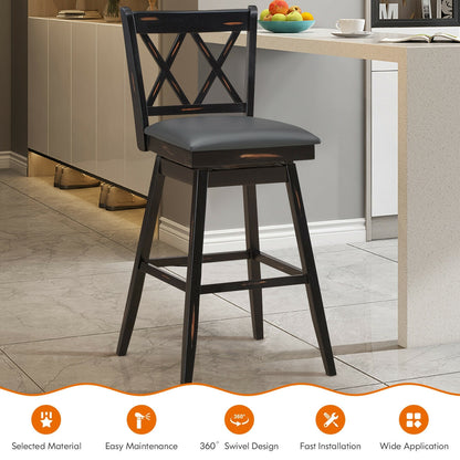 Counter Height Bar Stools Set of 2 with 29 Inch Swivel Seat and Black Rubber Wood Frame