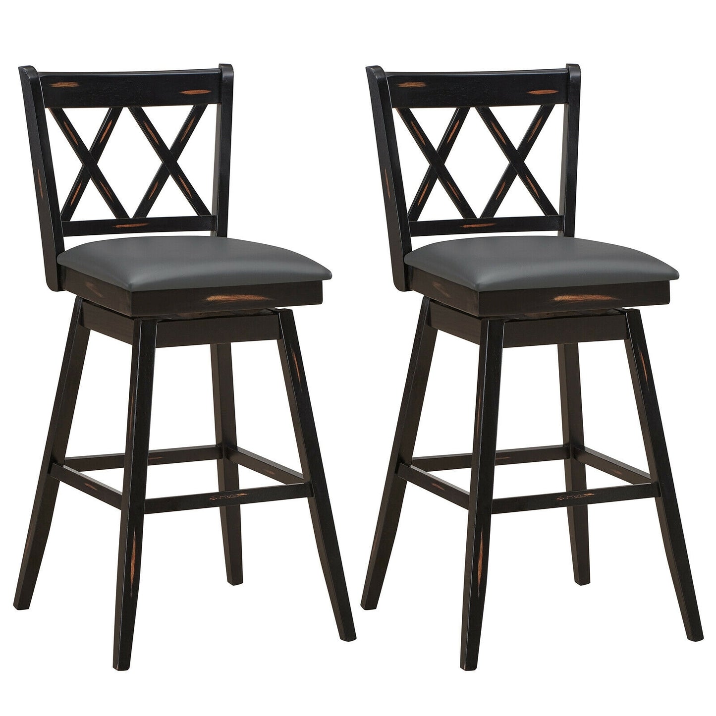 Counter Height Bar Stools Set of 2 with 29 Inch Swivel Seat and Black Rubber Wood Frame