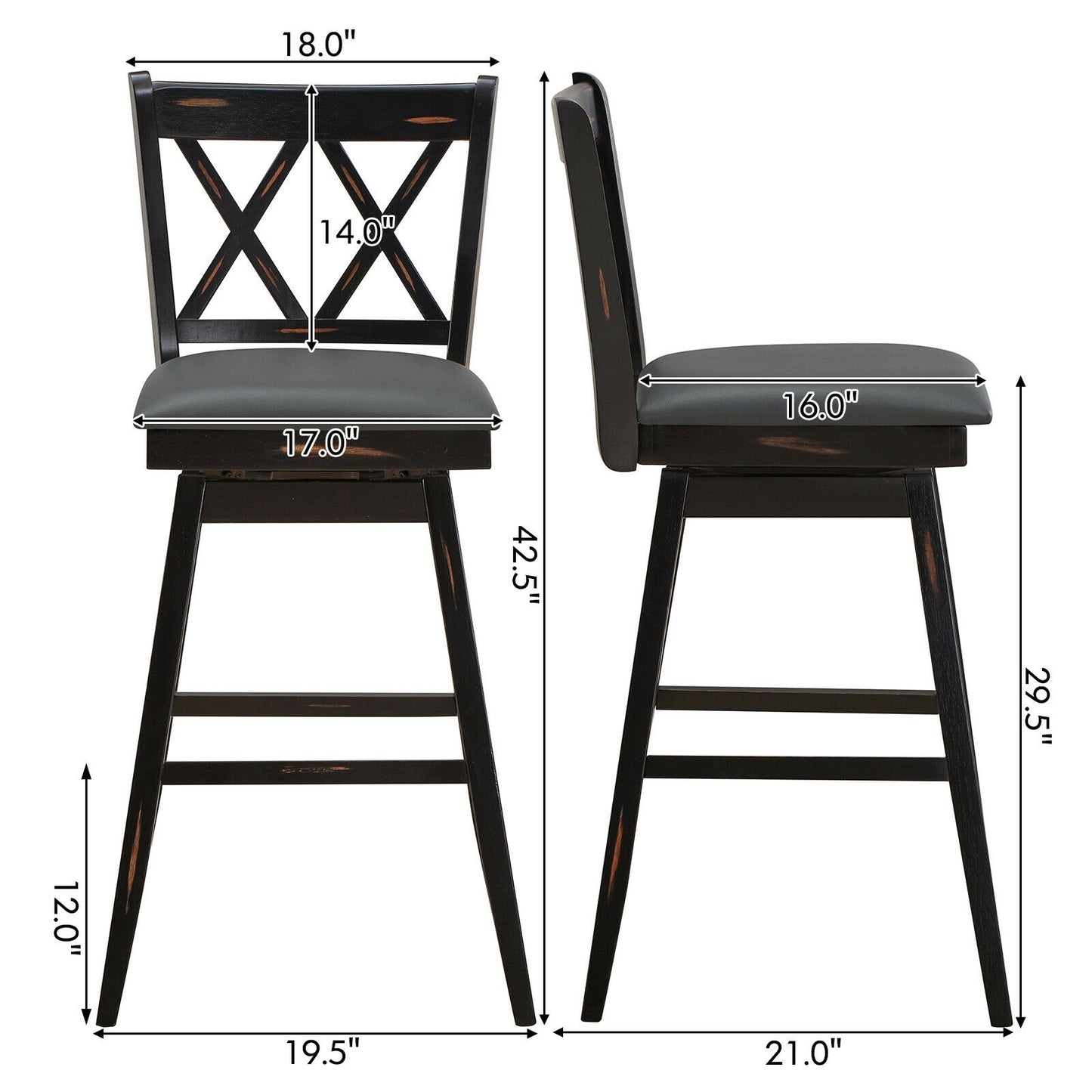 Counter Height Bar Stools Set of 2 with 29 Inch Swivel Seat and Black Rubber Wood Frame
