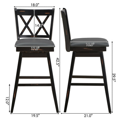 Counter Height Bar Stools Set of 2 with 29 Inch Swivel Seat and Black Rubber Wood Frame