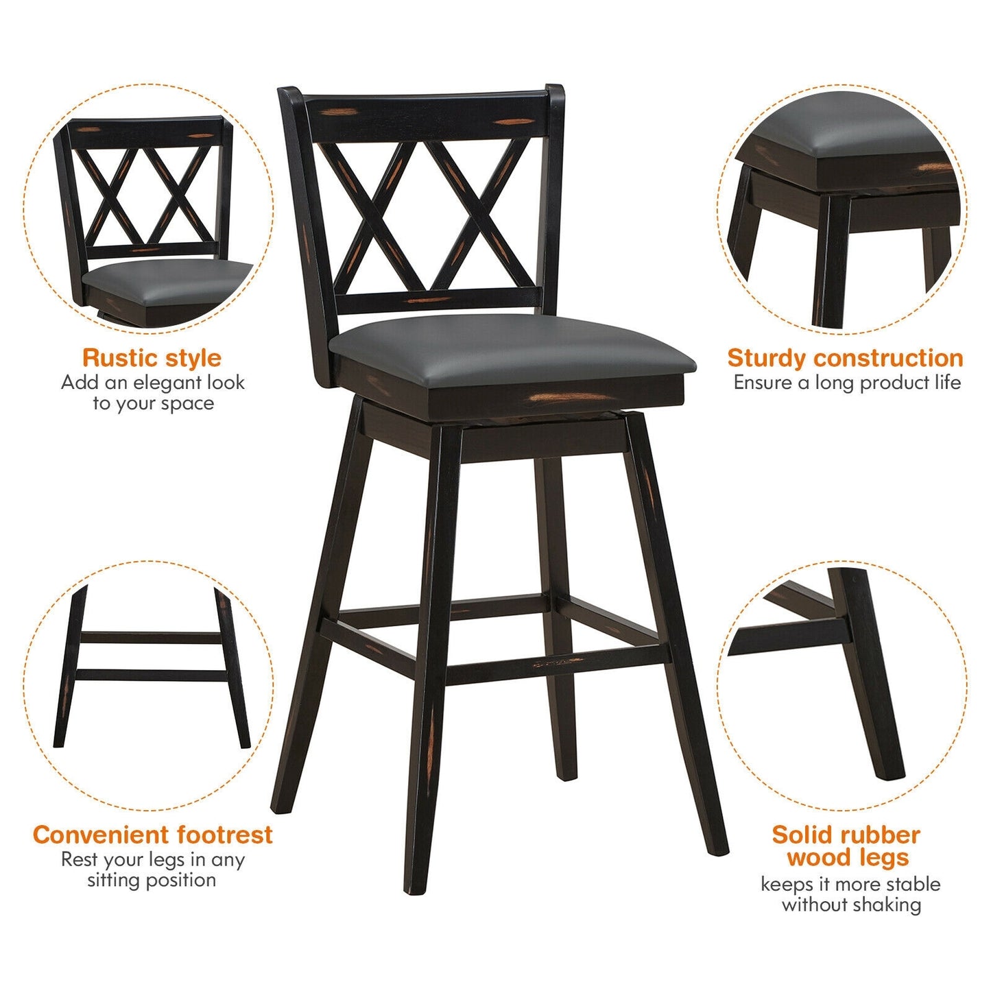 Counter Height Bar Stools Set of 2 with 29 Inch Swivel Seat and Black Rubber Wood Frame
