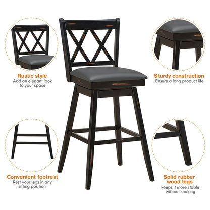 Counter Height Bar Stools Set of 2 with 29 Inch Swivel Seat and Black Rubber Wood Frame