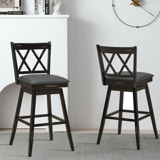 Counter Height Bar Stools Set of 2 with 29 Inch Swivel Seat and Black Rubber Wood Frame