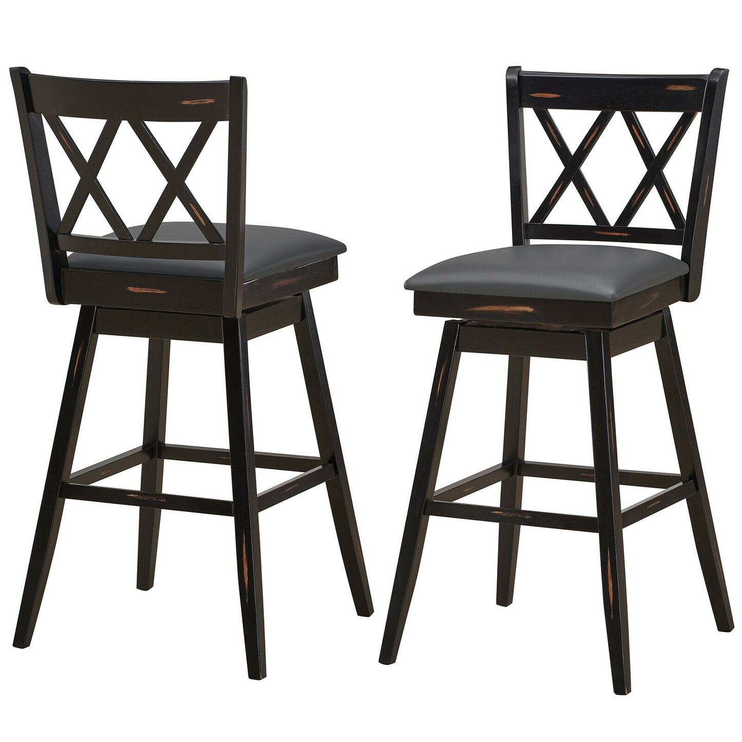 Counter Height Bar Stools Set of 2 with 29 Inch Swivel Seat and Black Rubber Wood Frame