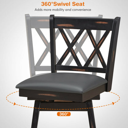 Counter Height Bar Stools Set of 2 with 29 Inch Swivel Seat and Black Rubber Wood Frame