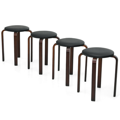 Bentwood Stackable Stools with PU Leather Cushioned Seat – Set of 4, Black