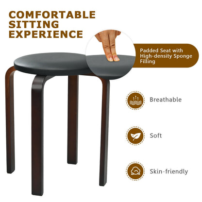 Bentwood Stackable Stools with PU Leather Cushioned Seat – Set of 4, Black