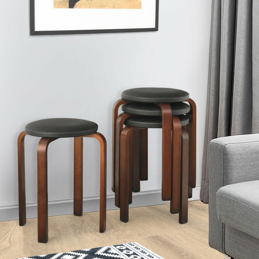 Bentwood Stackable Stools with PU Leather Cushioned Seat – Set of 4, Black