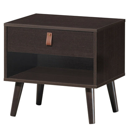 Mid-Century Wooden Nightstand with Drawer and Open Storage Shelf for Bedroom or Living Room