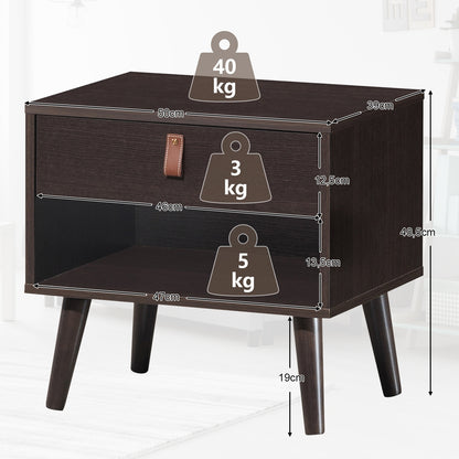 Mid-Century Wooden Nightstand with Drawer and Open Storage Shelf for Bedroom or Living Room
