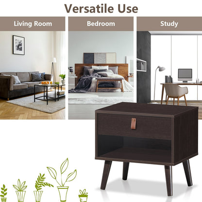 Mid-Century Wooden Nightstand with Drawer and Open Storage Shelf for Bedroom or Living Room