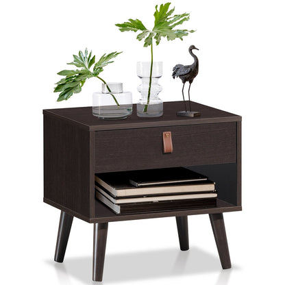 Mid-Century Wooden Nightstand with Drawer and Open Storage Shelf for Bedroom or Living Room