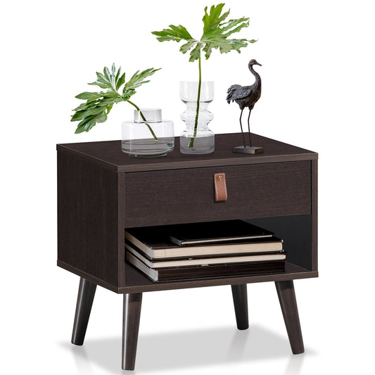 Mid-Century Wooden Nightstand with Drawer and Open Storage Shelf for Bedroom or Living Room