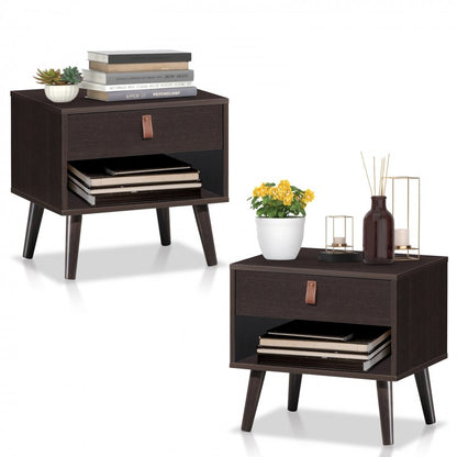 Mid-Century Wooden Nightstand with Drawer and Open Storage Shelf for Bedroom or Living Room