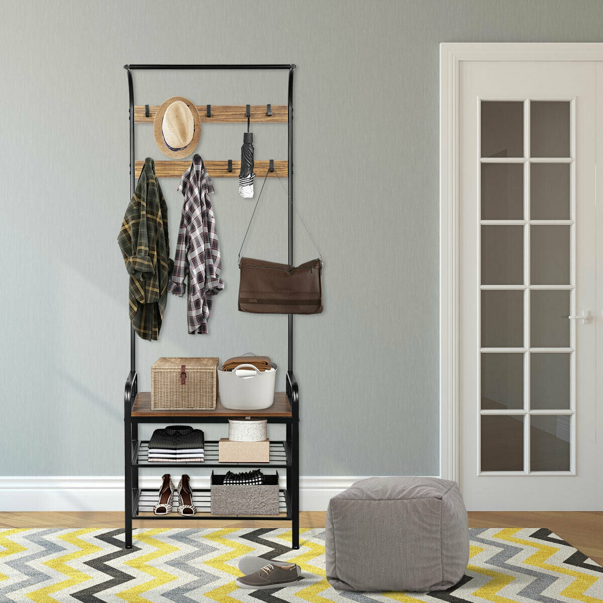 Industrial Entryway Hall Tree with Shoe Bench, Storage Shelves, and 9 Hooks