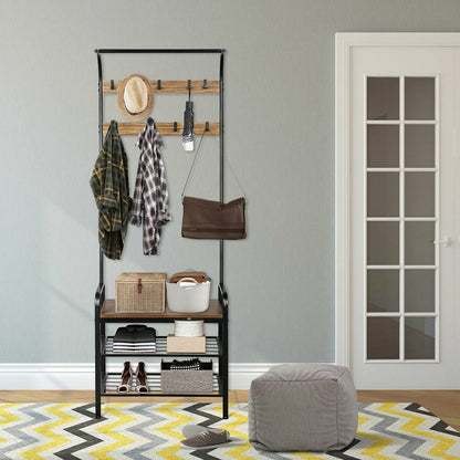Industrial Entryway Hall Tree with Shoe Bench, Storage Shelves, and 9 Hooks