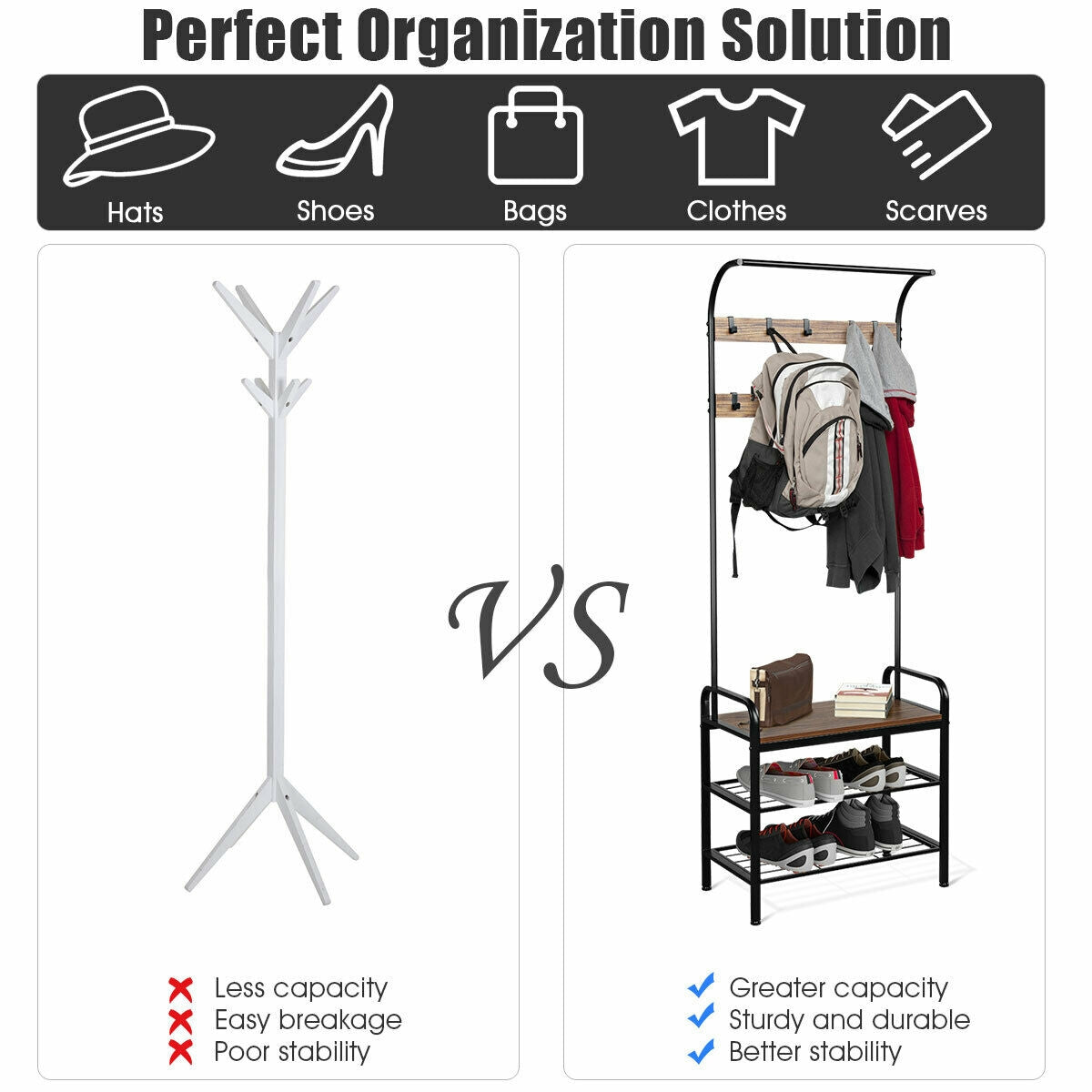 Industrial Entryway Hall Tree with Shoe Bench, Storage Shelves, and 9 Hooks