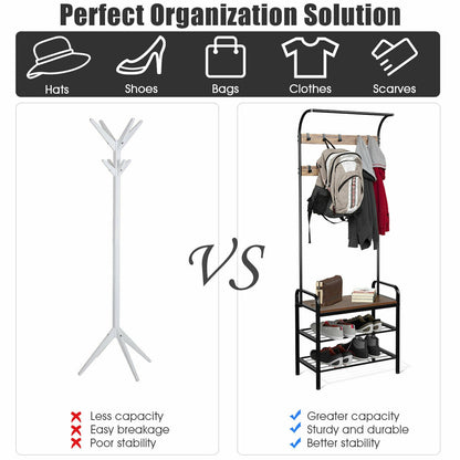 Industrial Entryway Hall Tree with Shoe Bench, Storage Shelves, and 9 Hooks