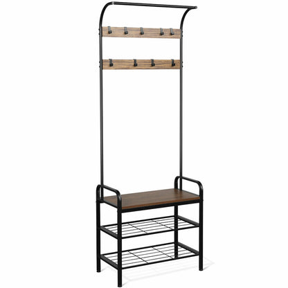 Industrial Entryway Hall Tree with Shoe Bench, Storage Shelves, and 9 Hooks