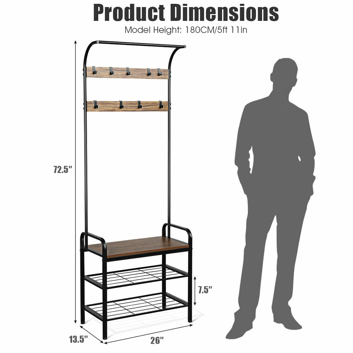 Industrial Entryway Hall Tree with Shoe Bench, Storage Shelves, and 9 Hooks