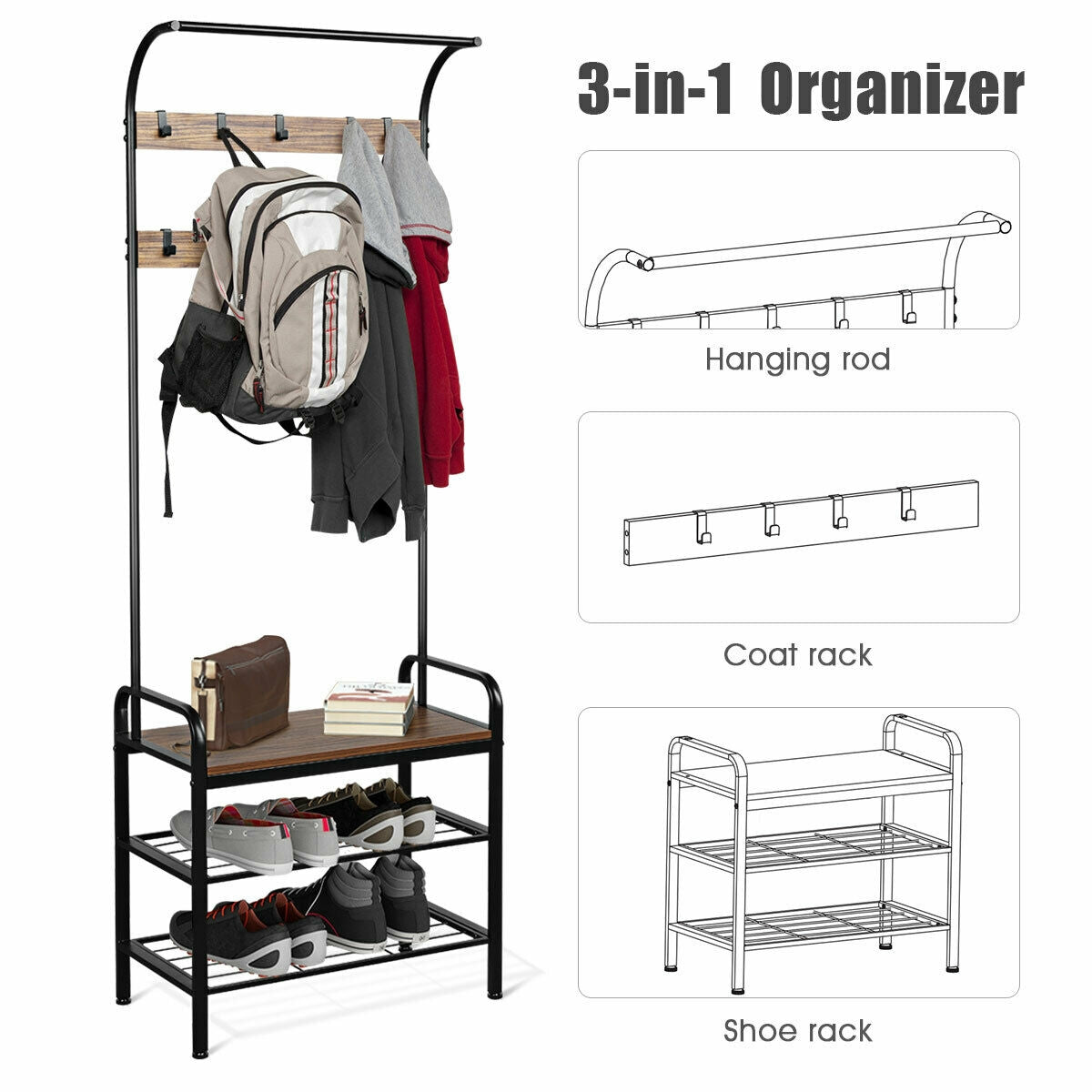 Industrial Entryway Hall Tree with Shoe Bench, Storage Shelves, and 9 Hooks