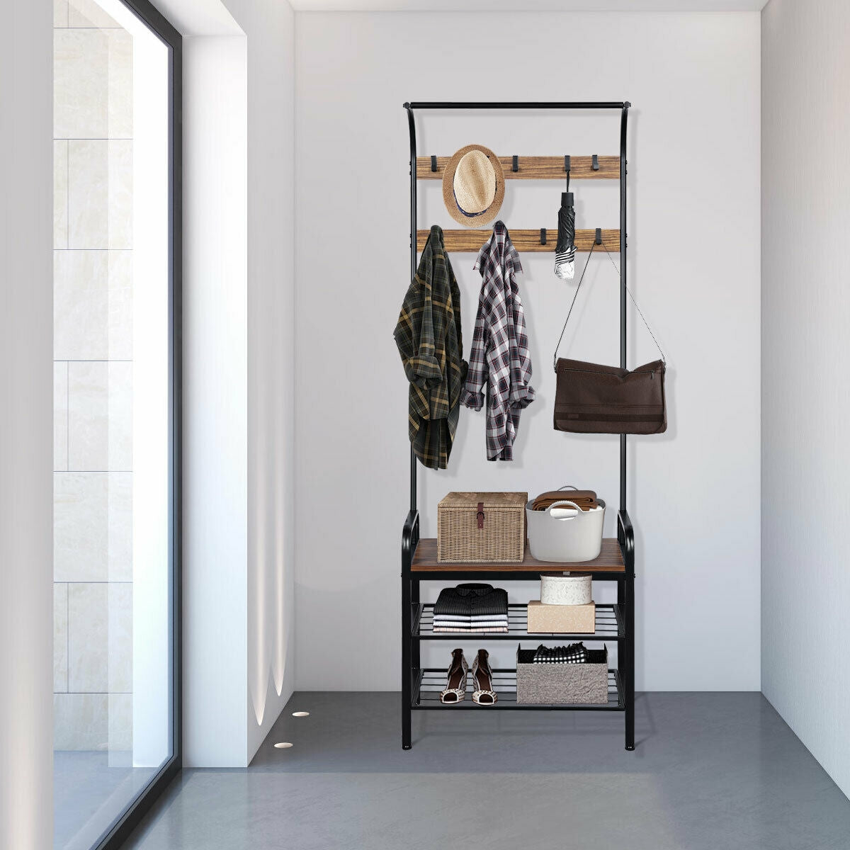 Industrial Entryway Hall Tree with Shoe Bench, Storage Shelves, and 9 Hooks