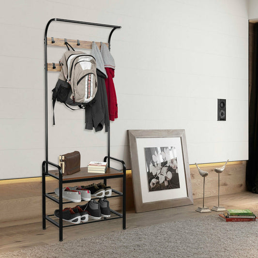 Industrial Entryway Hall Tree with Shoe Bench, Storage Shelves, and 9 Hooks