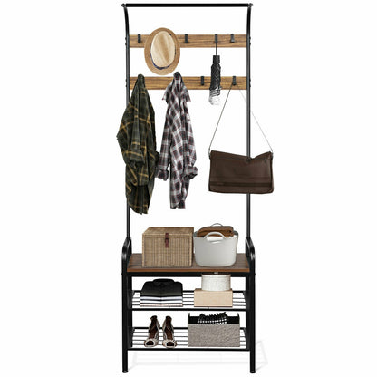 Industrial Entryway Hall Tree with Shoe Bench, Storage Shelves, and 9 Hooks