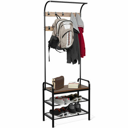Industrial Entryway Hall Tree with Shoe Bench, Storage Shelves, and 9 Hooks
