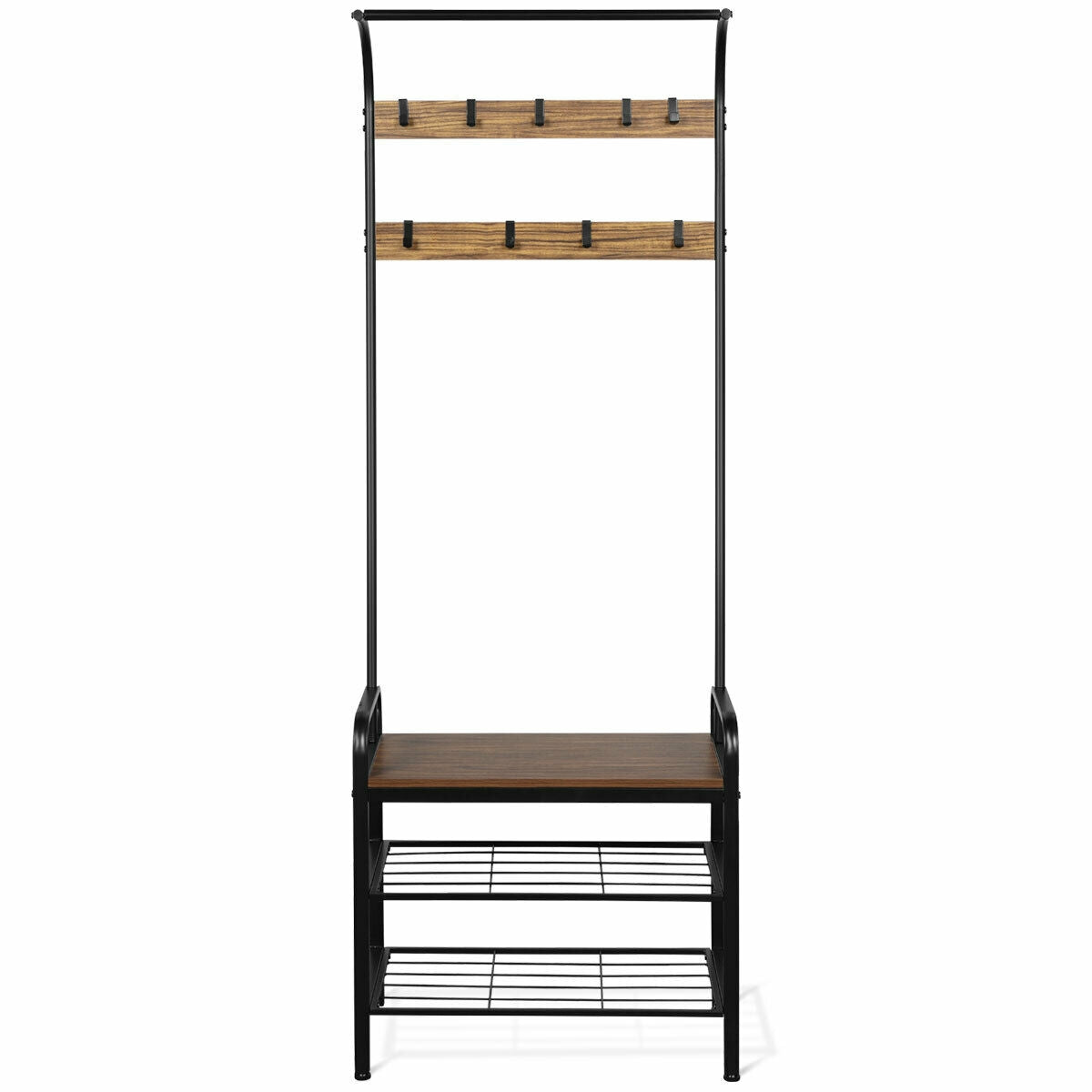 Industrial Entryway Hall Tree with Shoe Bench, Storage Shelves, and 9 Hooks