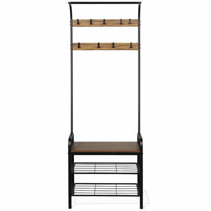 Industrial Entryway Hall Tree with Shoe Bench, Storage Shelves, and 9 Hooks