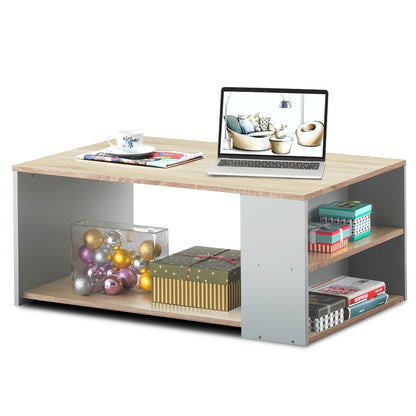 Coffee Table with Multiple Storage Shelves in Natural Finish