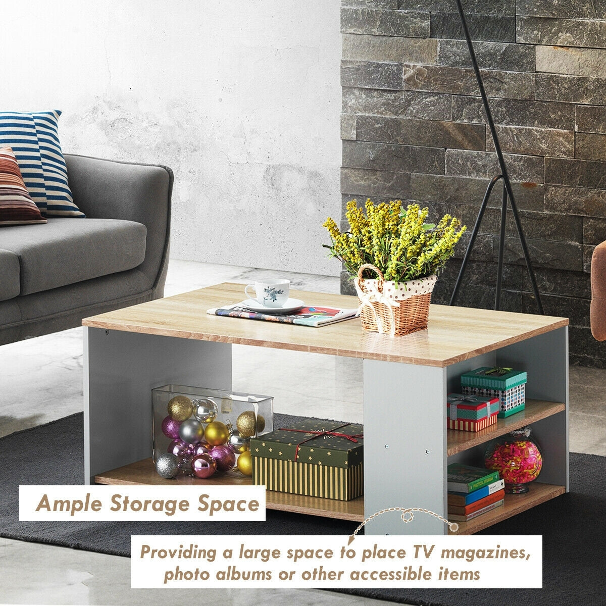 Coffee Table with Multiple Storage Shelves in Natural Finish