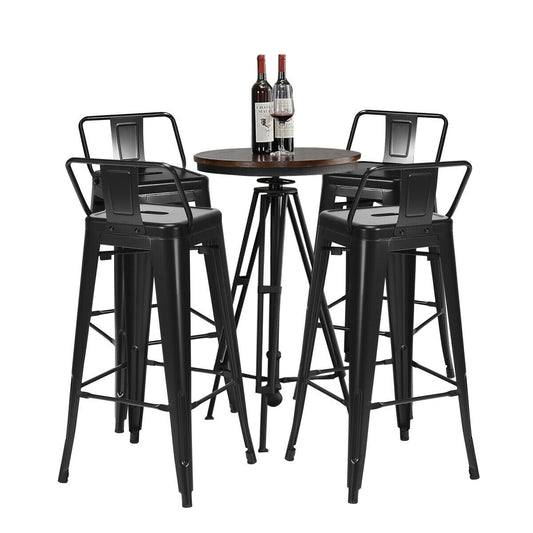 Set of 4 Metal 30 Inch Bar Stools with Low Backrest and Non-Slip Rubber Feet in Black Finish