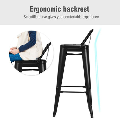 Set of 4 Metal 30 Inch Bar Stools with Low Backrest and Non-Slip Rubber Feet in Black Finish