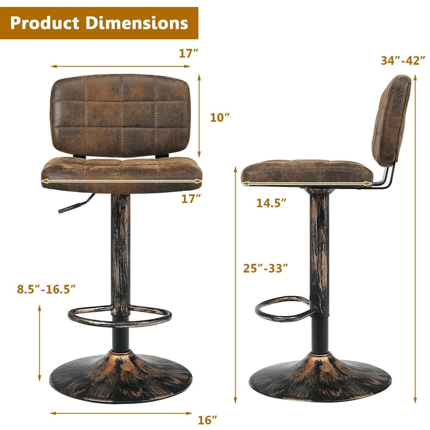 Set of 2 Adjustable Vintage Bar Stools with Swivel Seats and Footrests