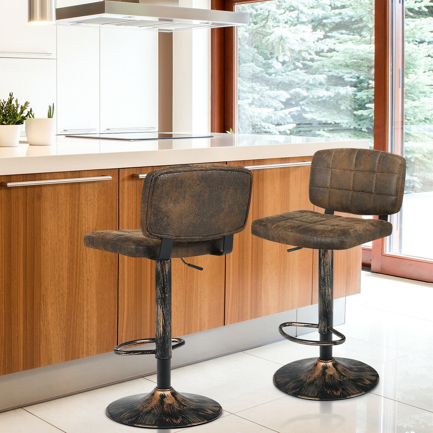 Set of 2 Adjustable Vintage Bar Stools with Swivel Seats and Footrests