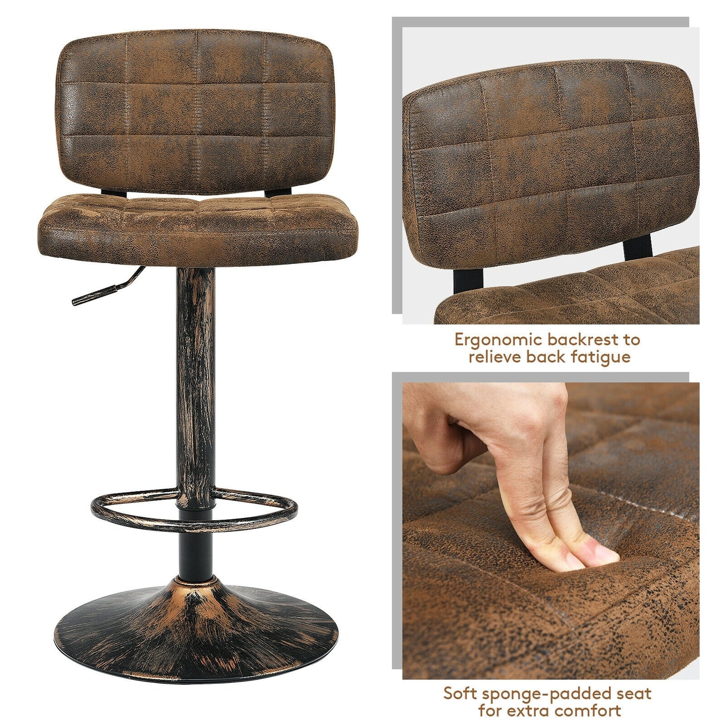 Set of 2 Adjustable Vintage Bar Stools with Swivel Seats and Footrests