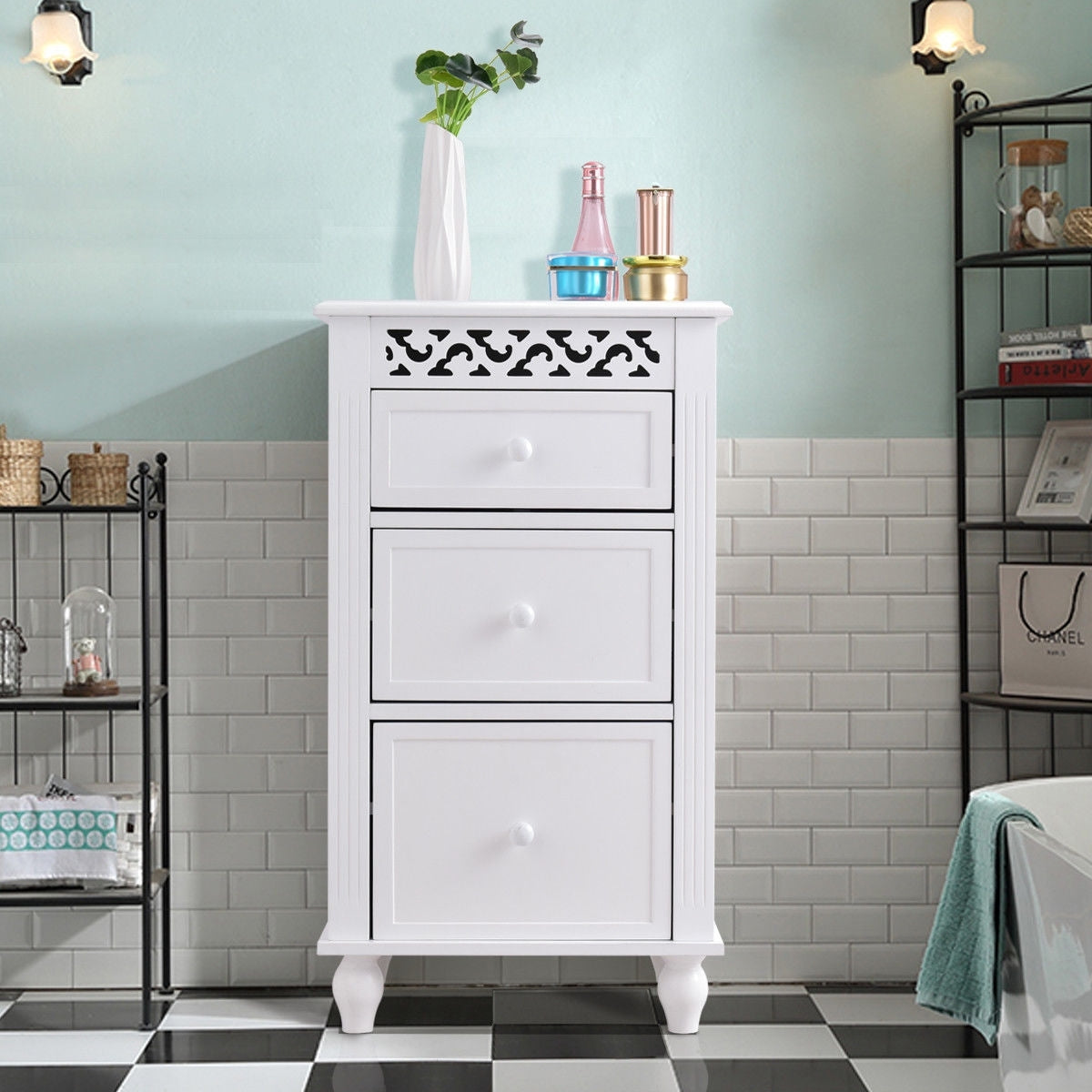 Multi Drawer Wooden Bathroom Storage Cabinet with Carved Design